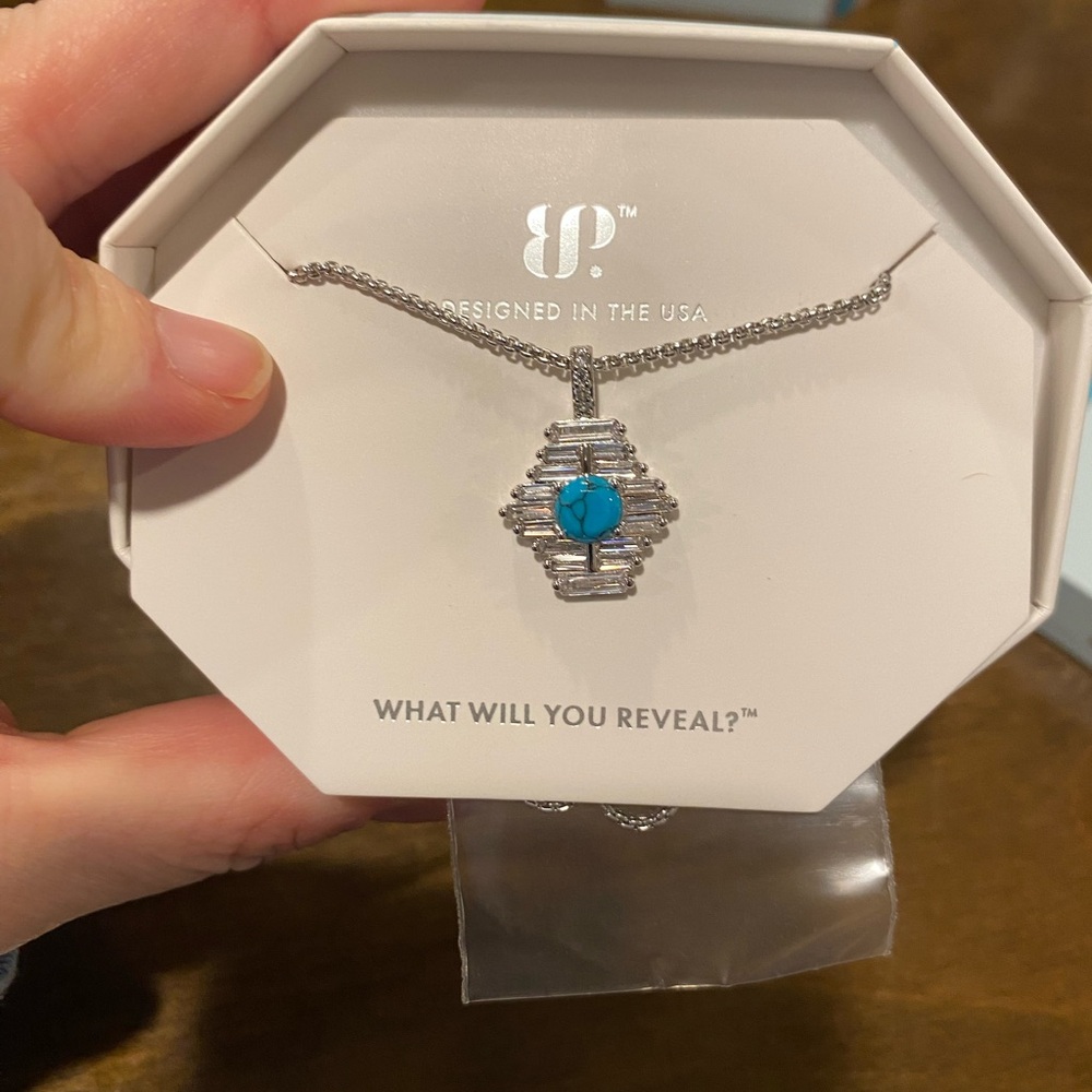 bp Silver-Tone Necklace with Turquoise Blue Stone